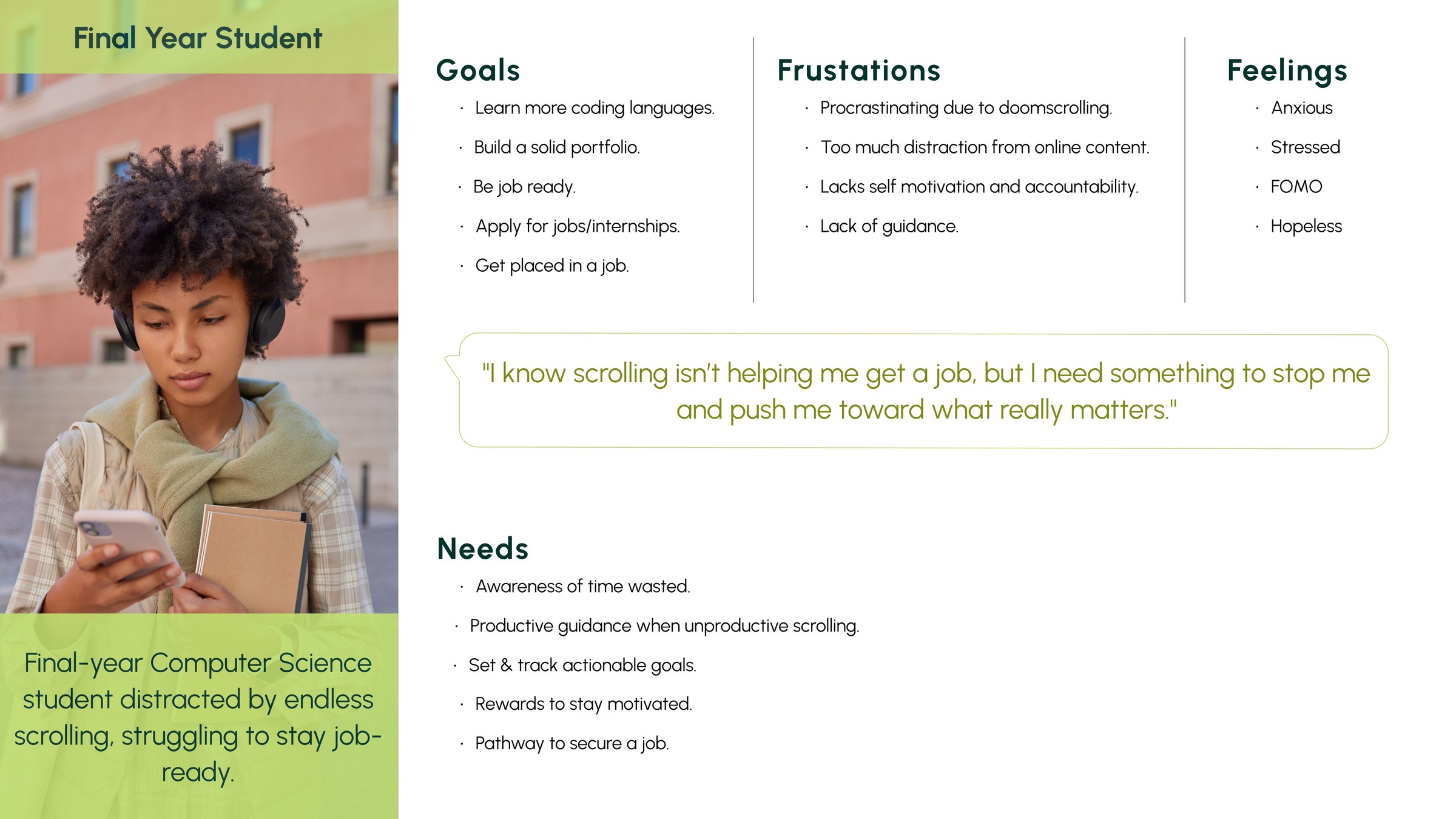 Final-Year Student persona — Gen Z computer science student distracted by endless scrolling, struggling to stay job-ready; goals include learning to code, building a portfolio, and landing a job