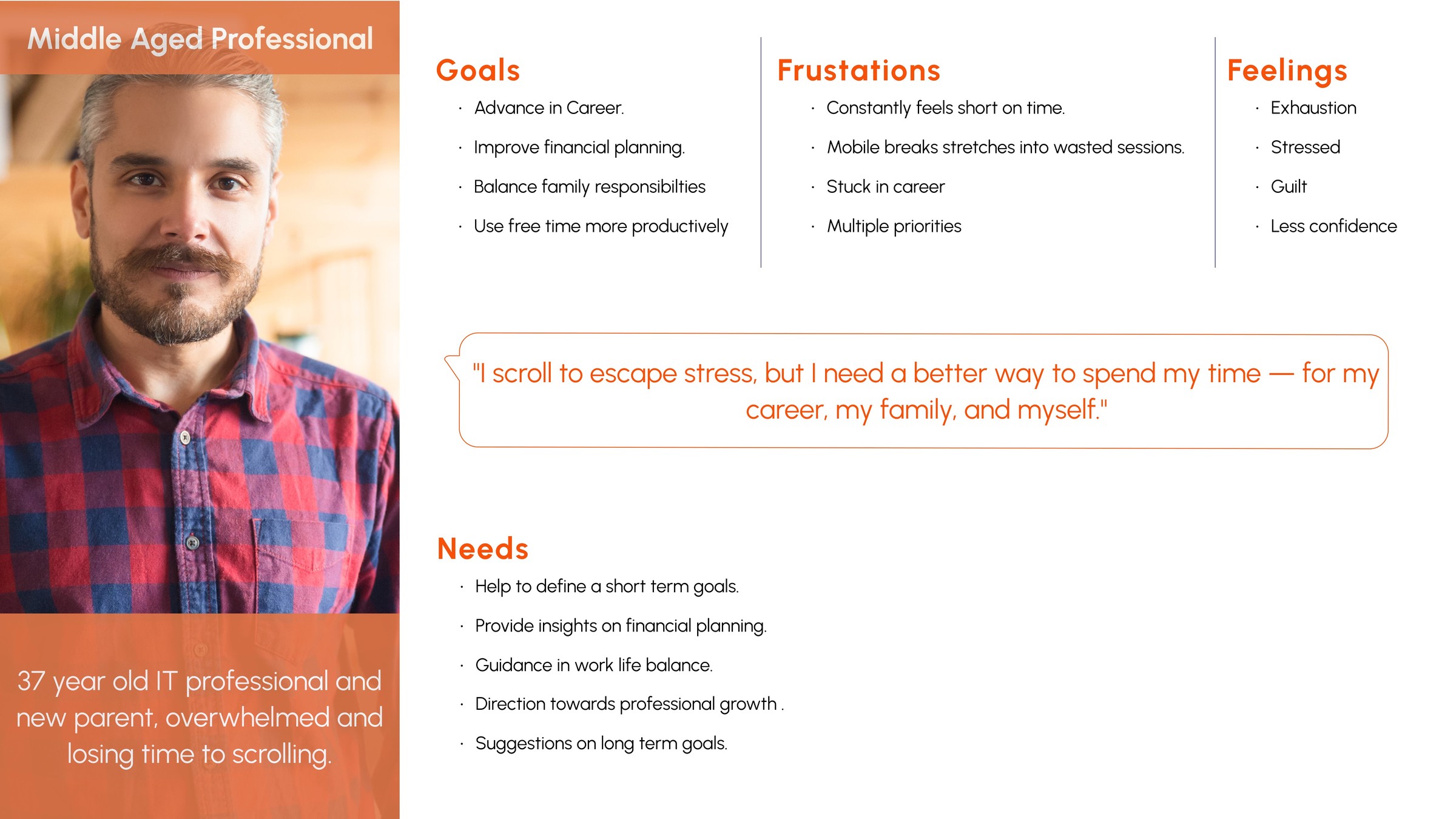 Middle-Aged Professional persona — 37-year-old IT professional and new parent, overwhelmed and losing time to scrolling; goals include career advancement, financial planning, and family balance