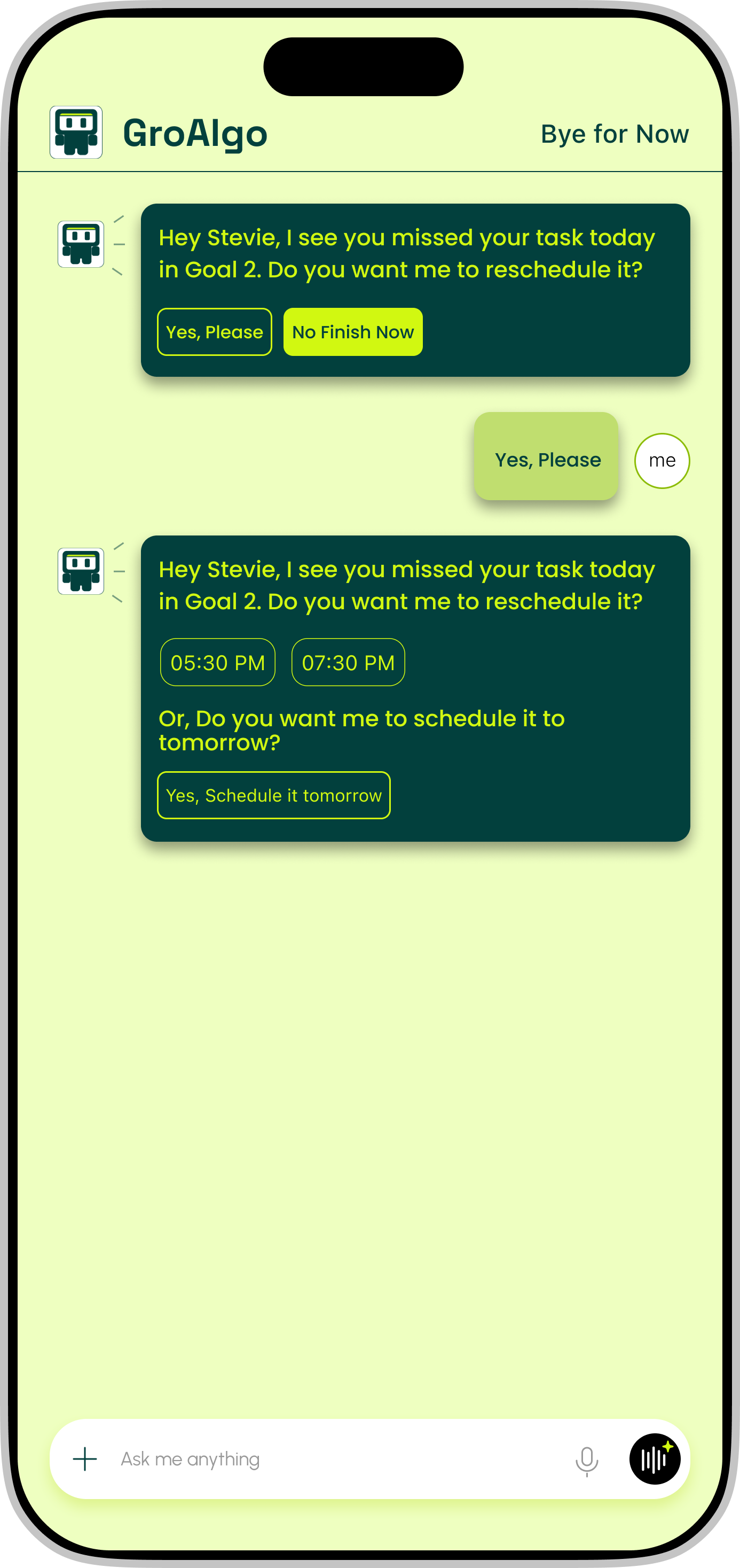 GroAlgo agentic chat showing the app rescheduling a missed task with the user