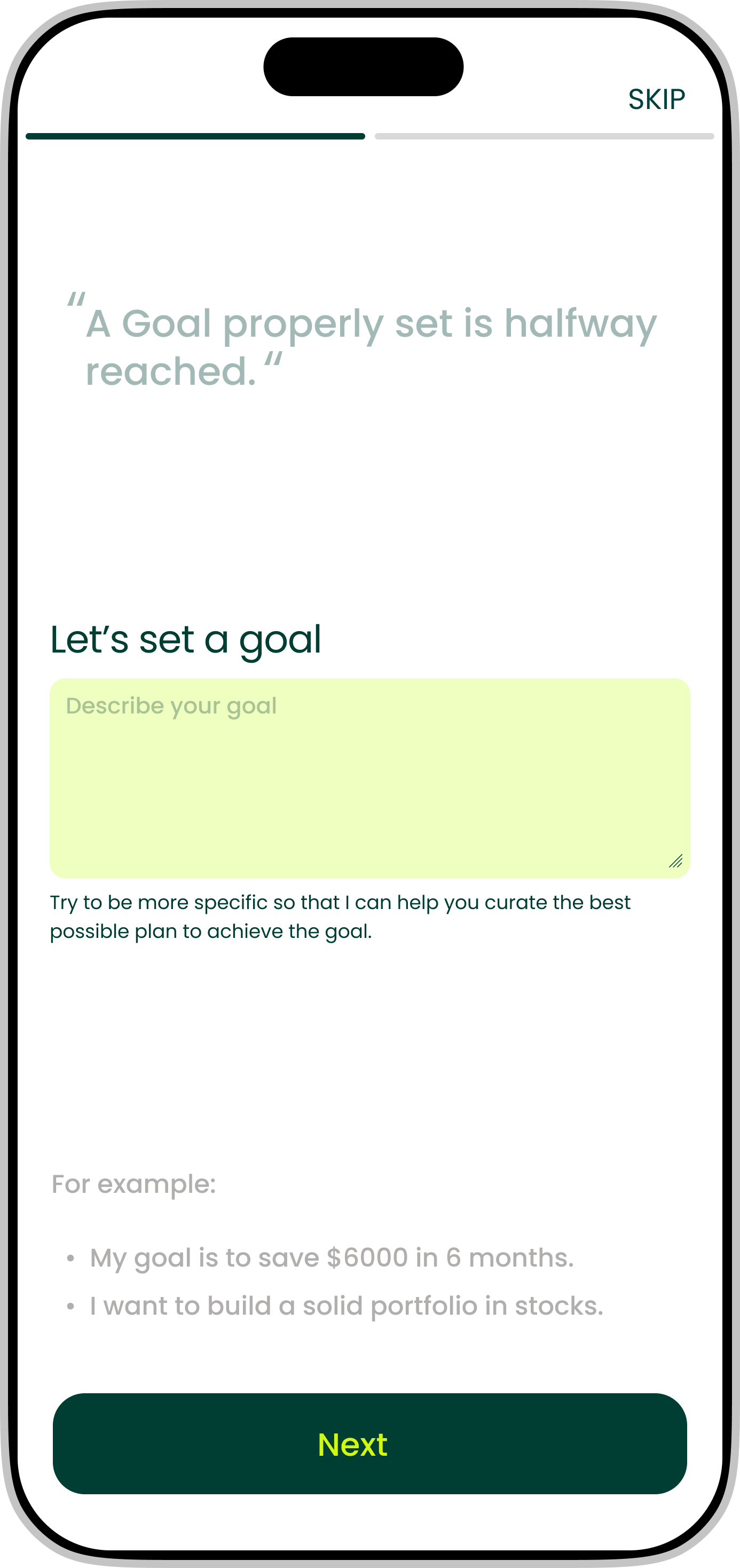GroAlgo goal description screen — the user writes out what they want to achieve