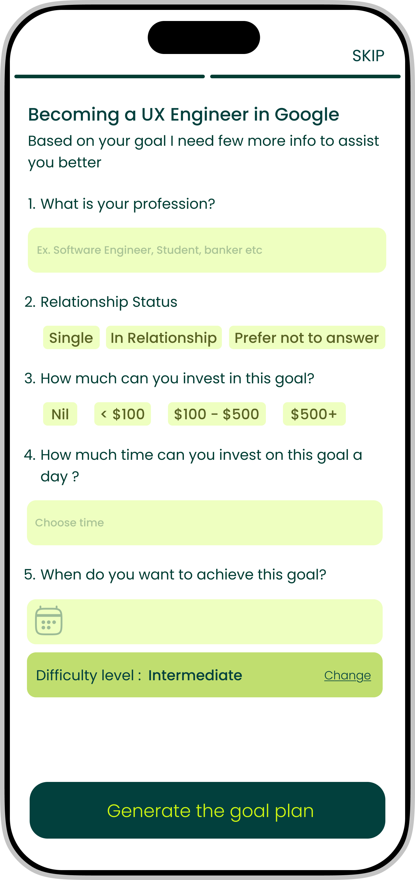 GroAlgo context questions screen — profession, relationship status, investment, time, and deadline