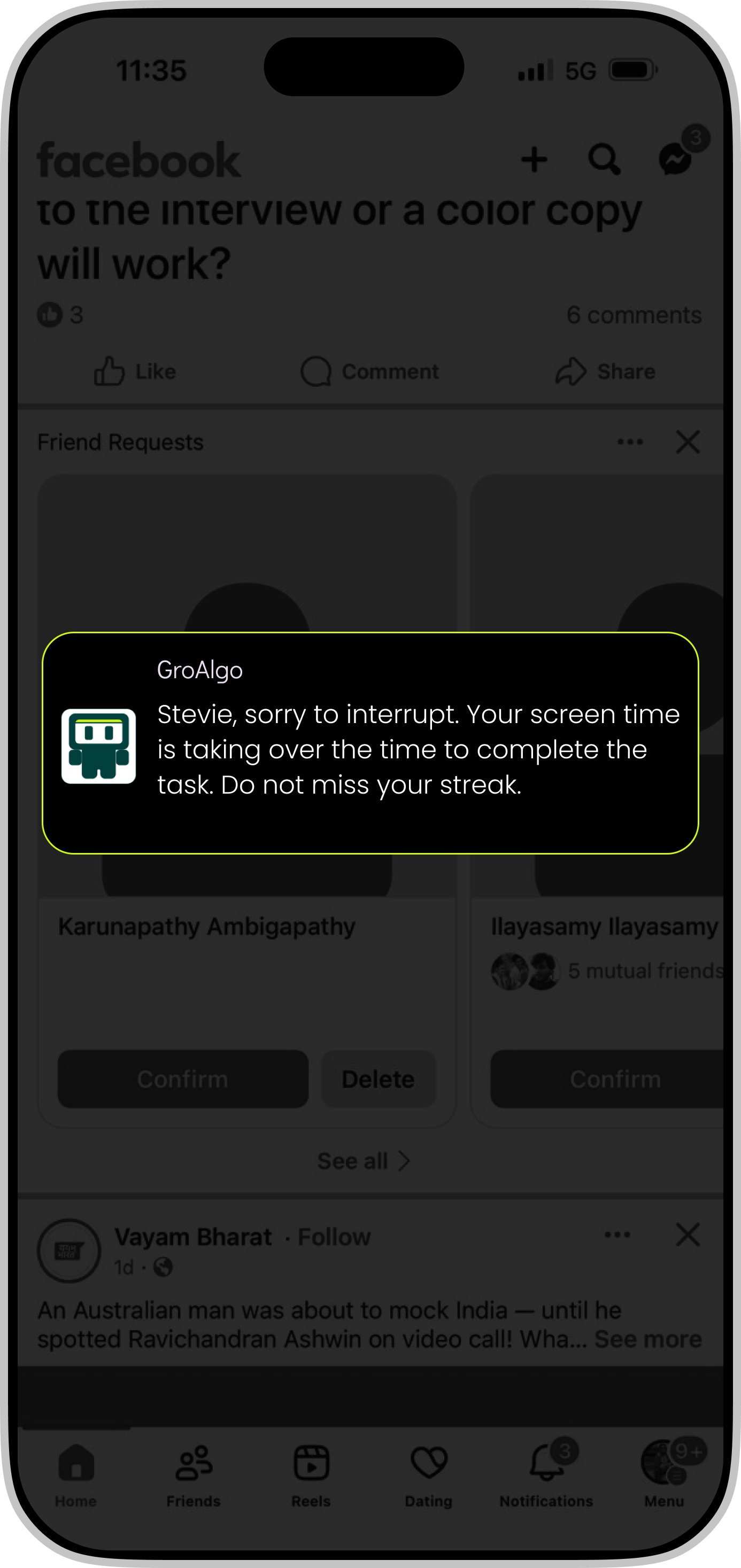 GroAlgo soft-nudge overlay on a Facebook feed — a gentle interrupt when the user is scrolling