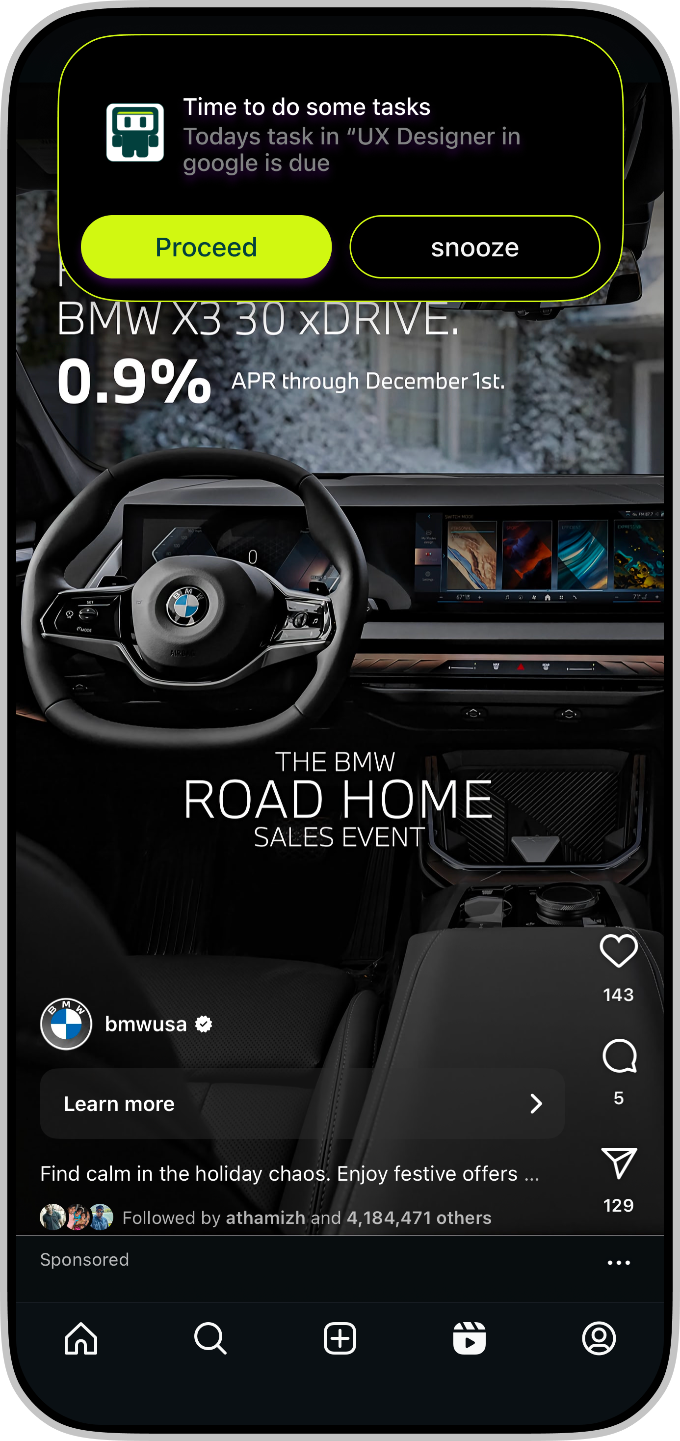 GroAlgo task reminder surfacing on the lock screen over an Instagram ad