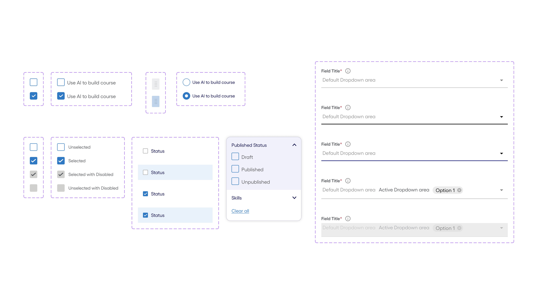 Design system components: checkboxes, dropdowns, radio buttons, form fields