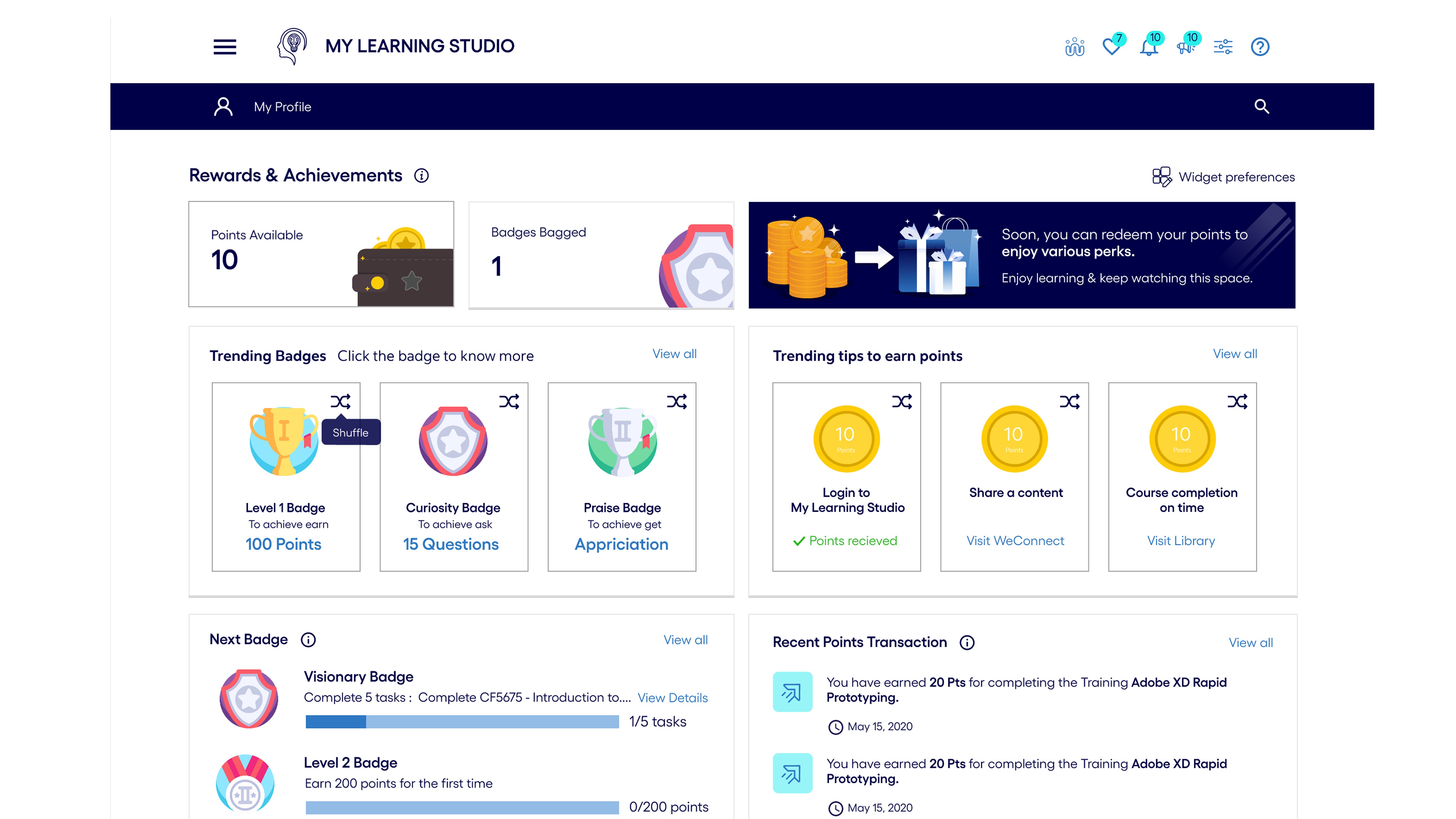 Rewards and Achievements page showing badges, points, and weekly streak