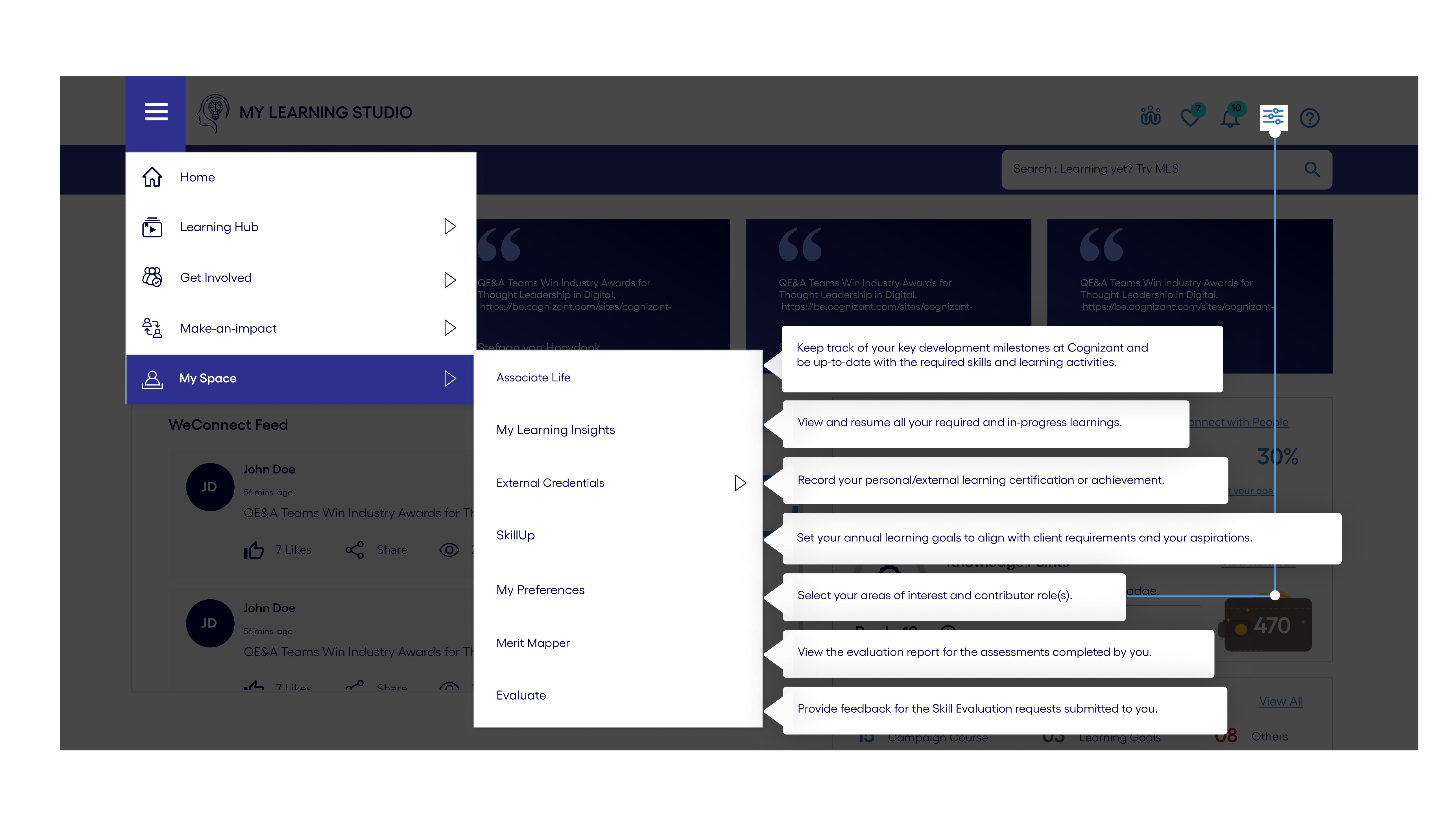 Annotated navigation menu showing consolidated information architecture