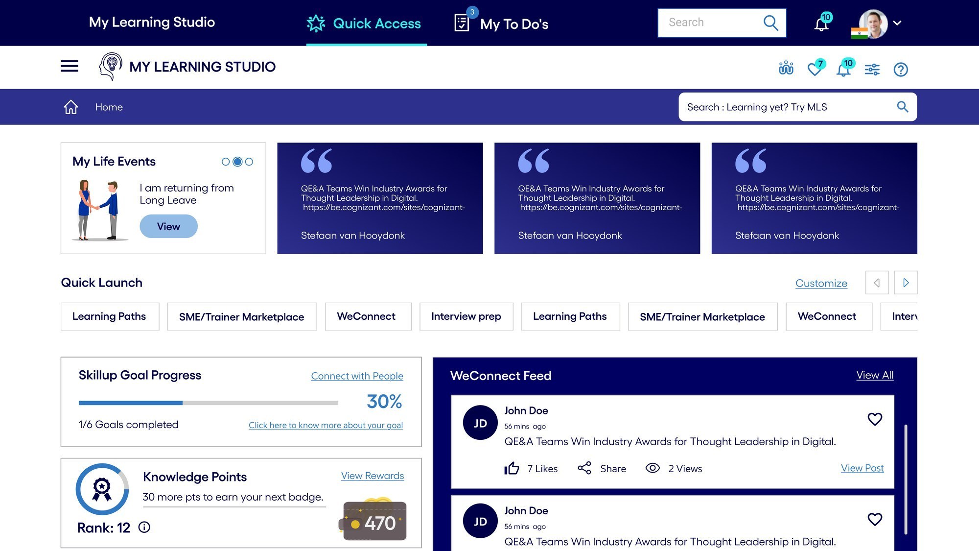 Home page dashboard with quick launch, knowledge points, and feeds
