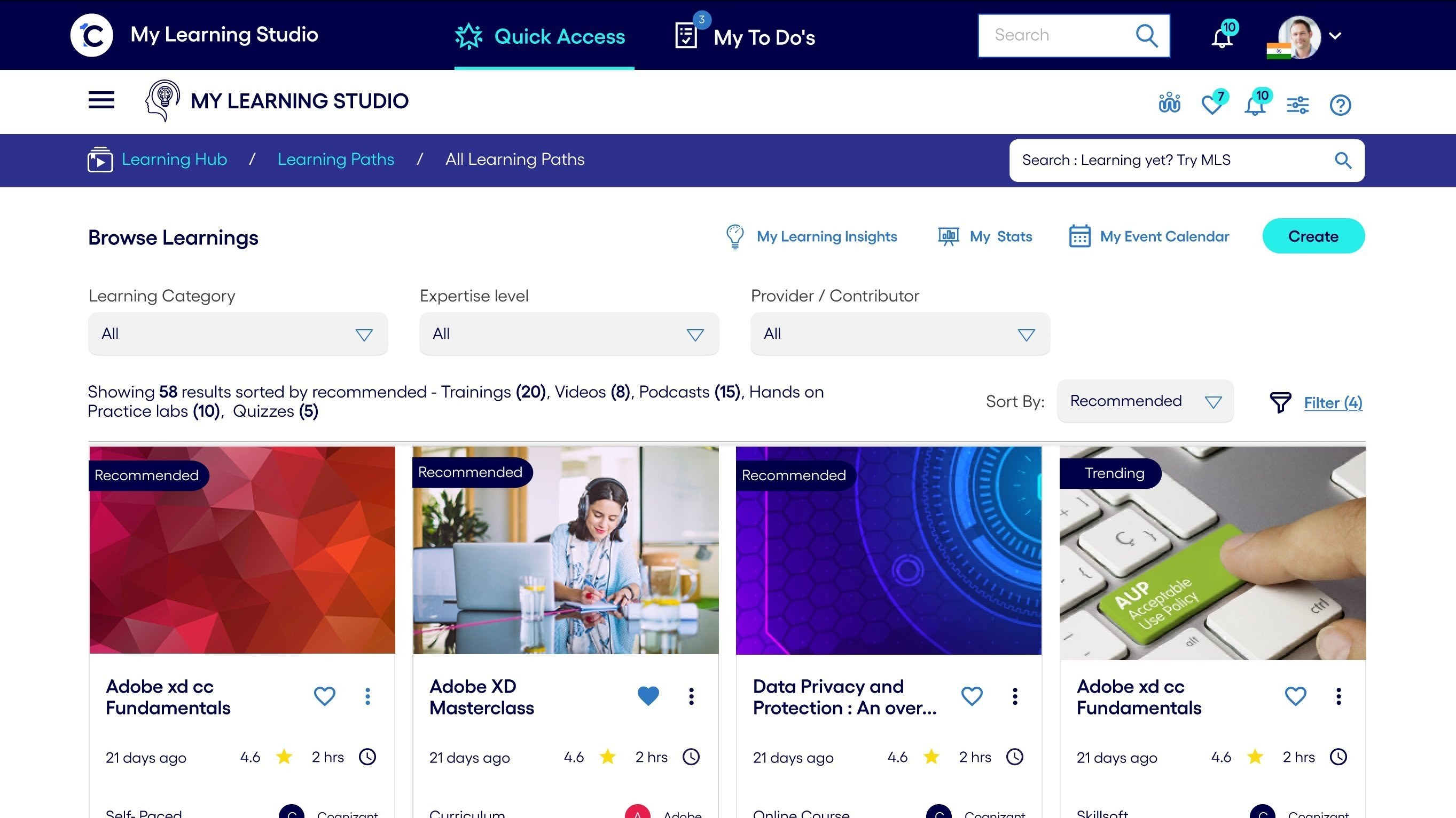 Browse Learnings grid with Recommended course cards